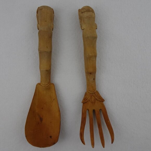 Carved Wood Salad Servers Set Kitchen Utensils Spoon & Fork Vintage - Picture 5 of 8